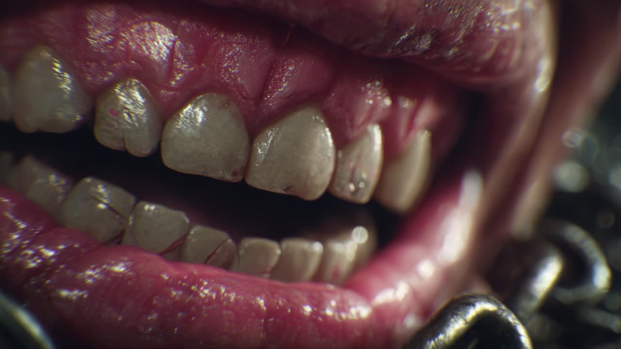 Close-Up Shots of Gritty Teeth and Lips Conveying Raw Emotion and Character in a Unique Visual Narrative Expressed through a Captivating Facial Perspective