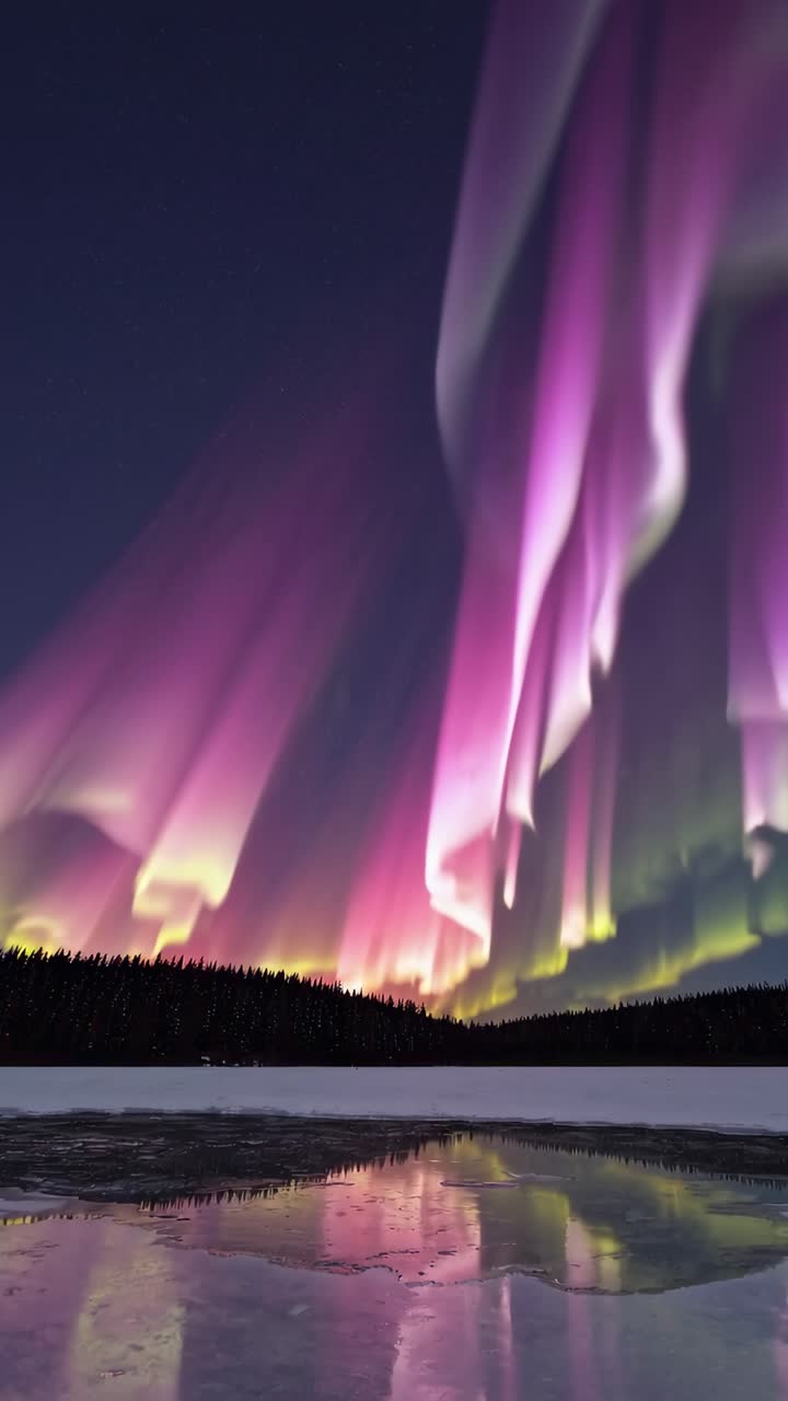 Colorful northern lights shimmering and reflecting on the surface of a frozen lake, creating a breathtaking spectacle in a tranquil winter night landscape filled with serene beauty