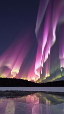 colorful northern lights shimmering and reflecting on the surface of a frozen lake, creating a breathtaking spectacle in a tranquil winter night landscape filled with serene beauty