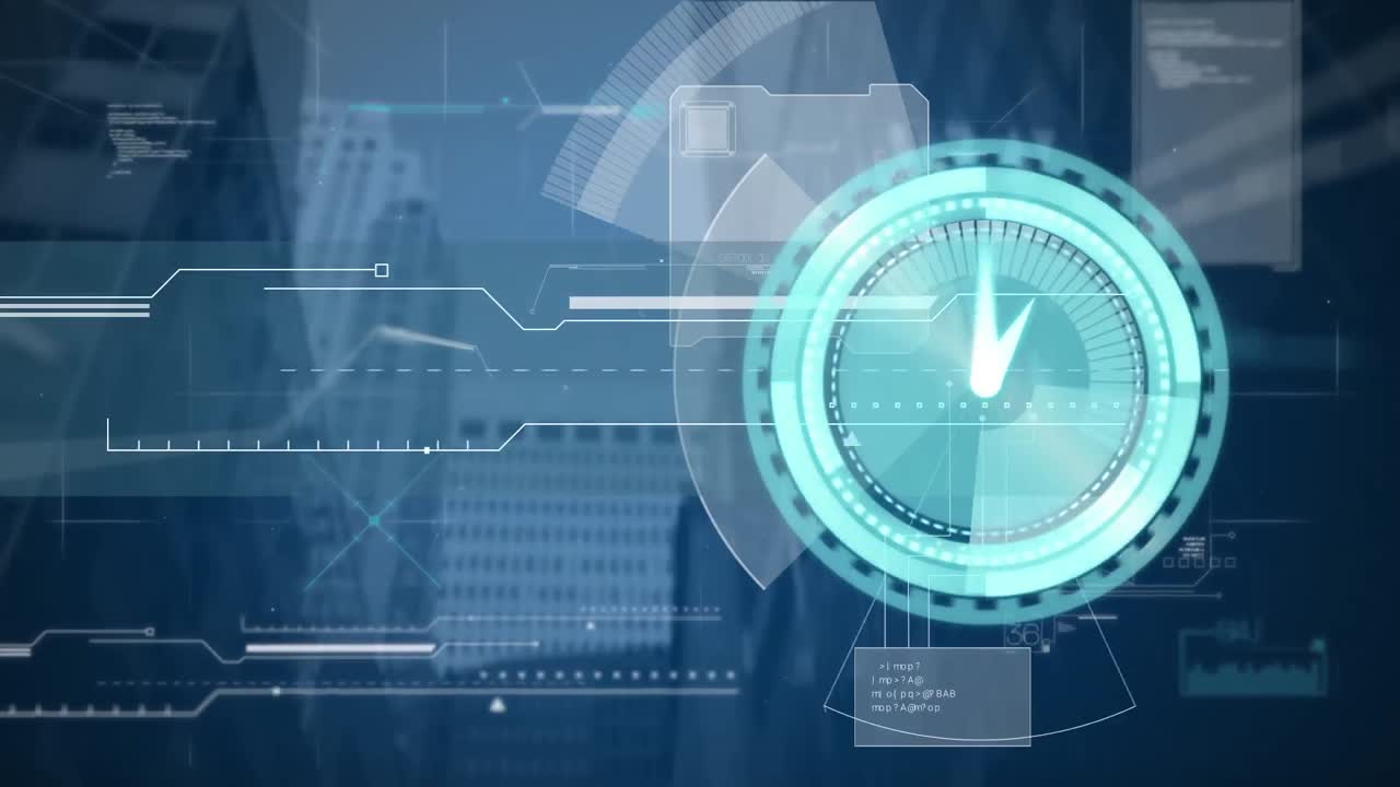 Animation of clock moving fast and data processing over cityscape