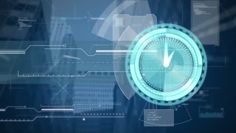 animation of clock moving fast and data processing over cityscape
