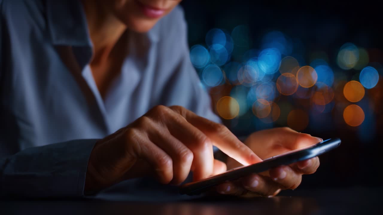 A Close-Up of a Person's Hands Using a Smartphone with a Blurred Background of City Lights at Night, Highlighting Modern Technology and Communication