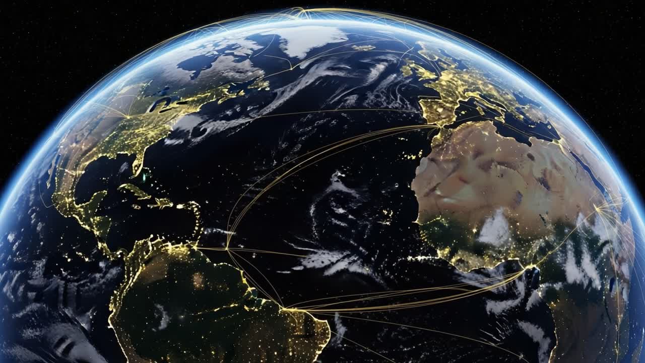 A Dynamic View of Earth from Space Highlighting Global Connectivity Through Illuminated Nighttime Cities and Natural Features