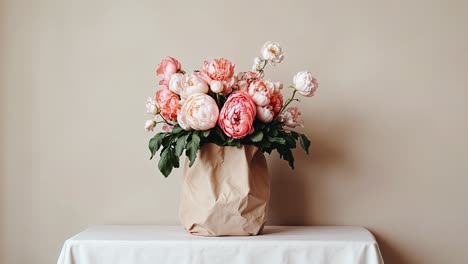 beautiful peony bouquet in paper bag
