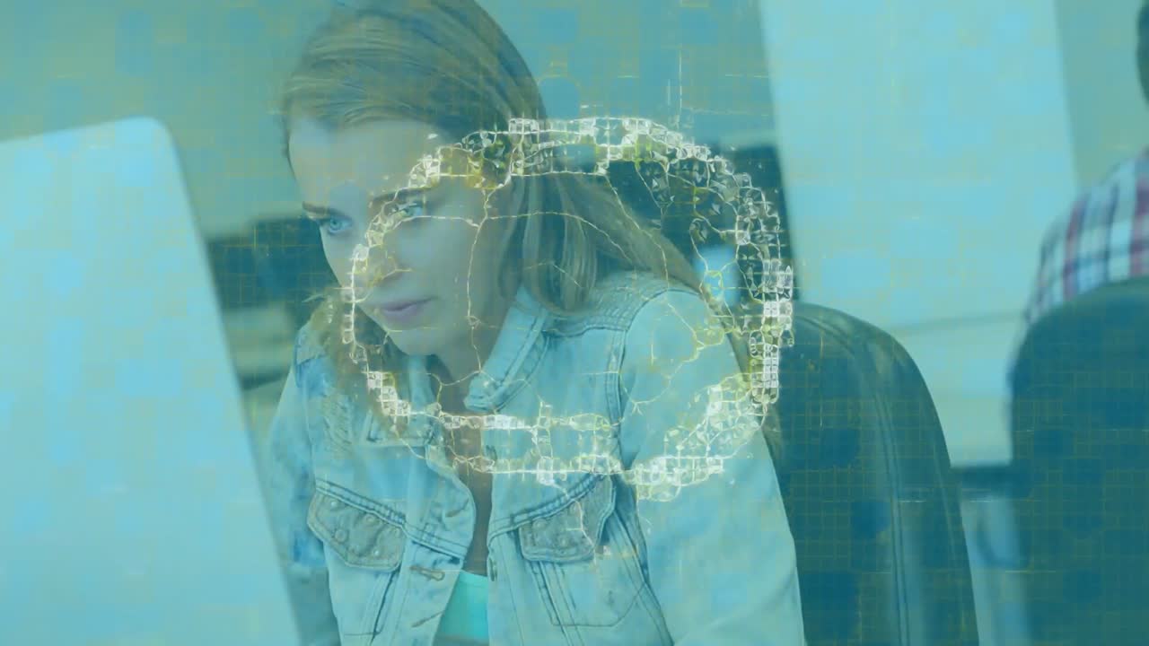 animación del cerebro digital sobre un grupo de estudiantes que usan computadoras