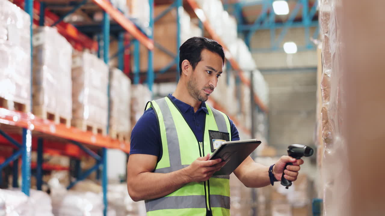Worker scanning inventory in a warehouse | Premium Stock Video Footage