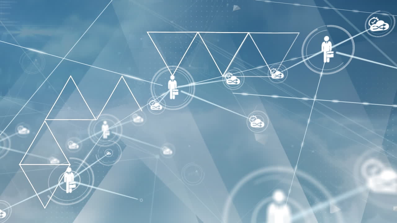 구름이 있는 하늘 위의 아이콘으로 연결된 네트워크의 애니메이션