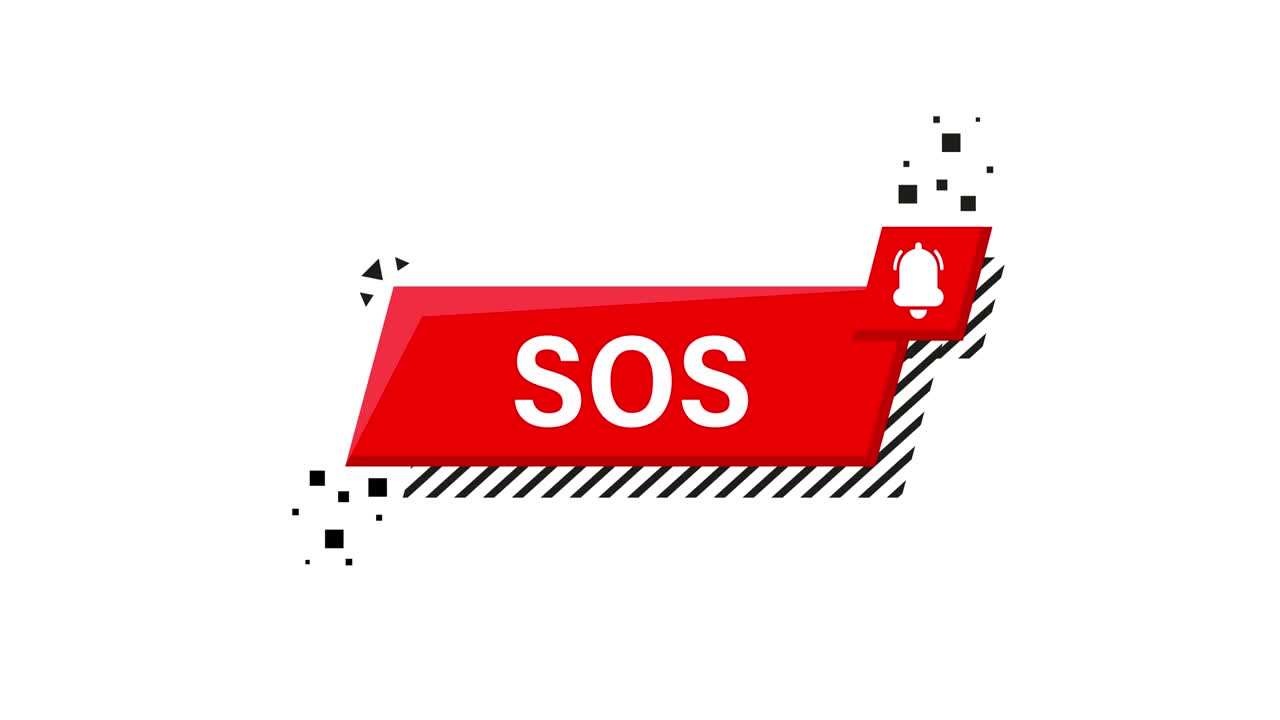 Alarm bell and SOS lettering icon isolated on white background. Warning bell, help sign. Flat design. Motion graphics.