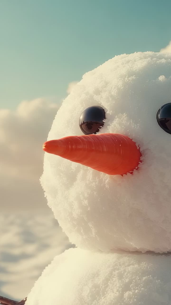 Vertical video: Cam panning left from carrot nose showing snowman on right in snow with button eyes