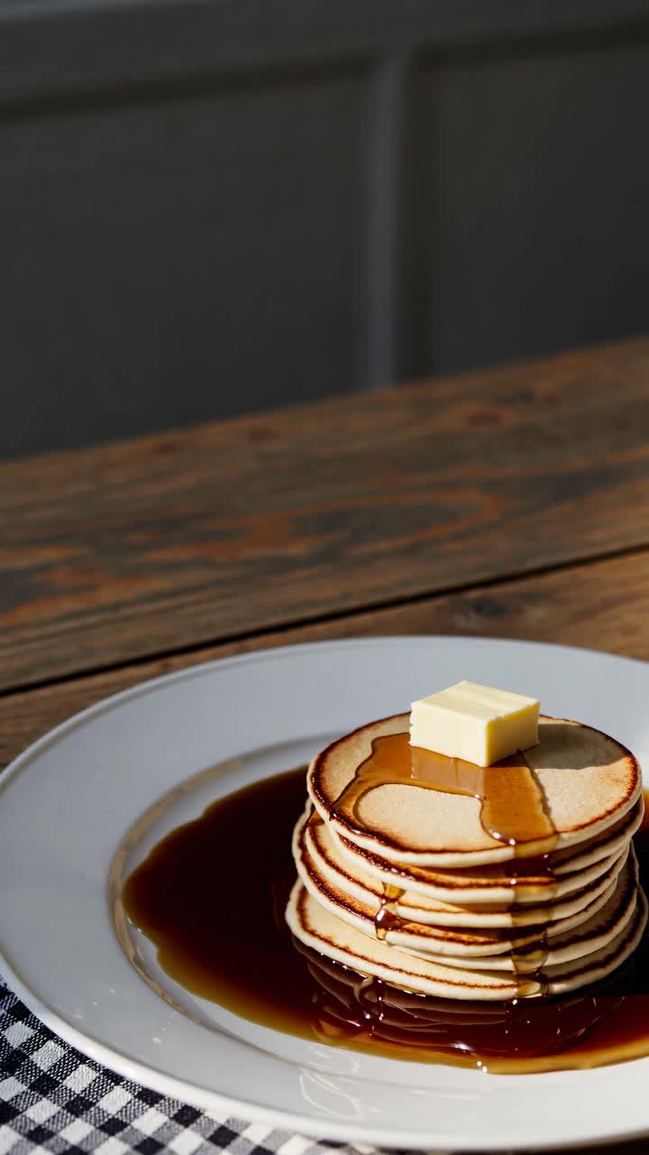 Close-up video angle of pancakes with syrup and butter on a rustic wooden table, capturing a cozy