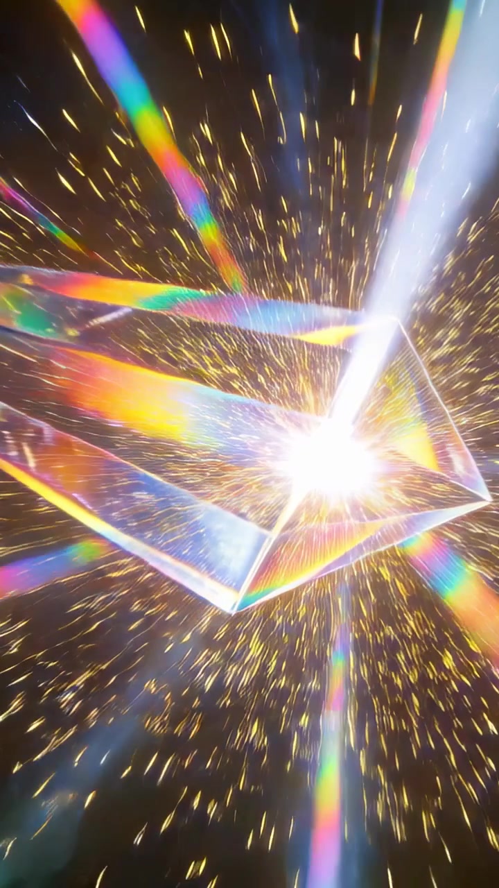 Video verticale: Raggio crescente che colpisce un prisma, dividendo i raggi in un arcobaleno e scintille che si sprigionano tra le stelle