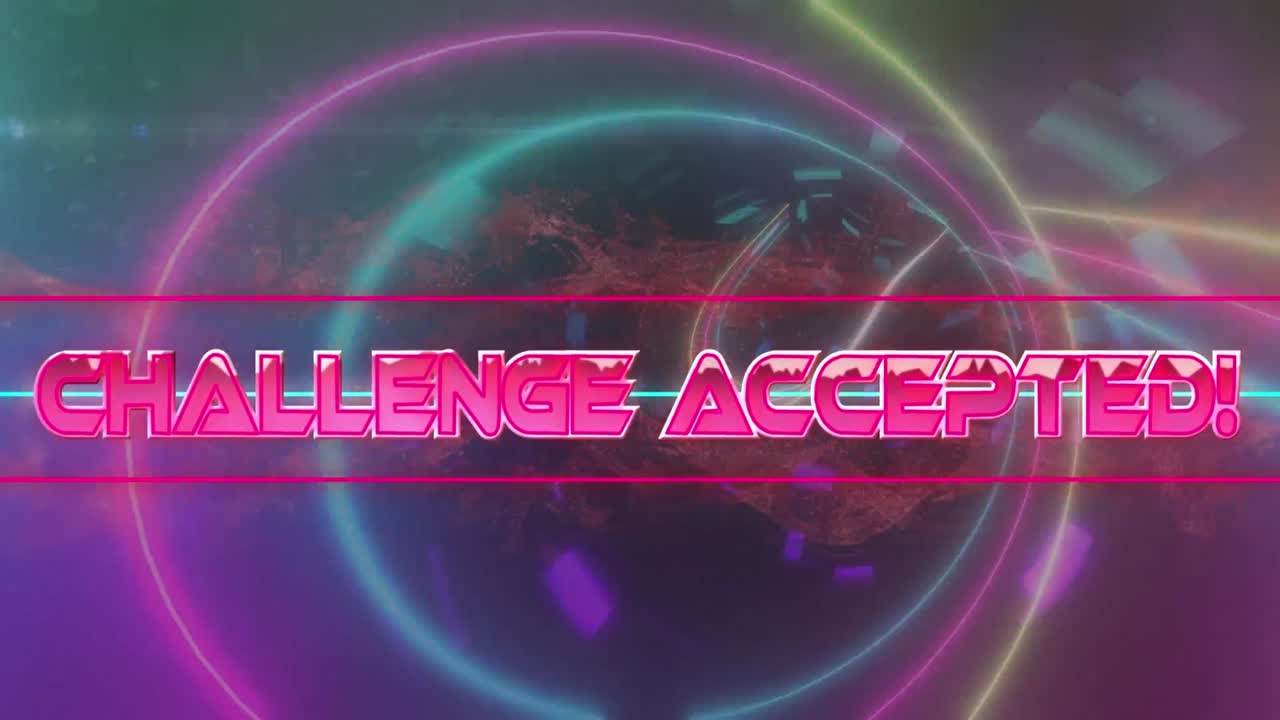 Animation of challenge accepted text over neon shapes