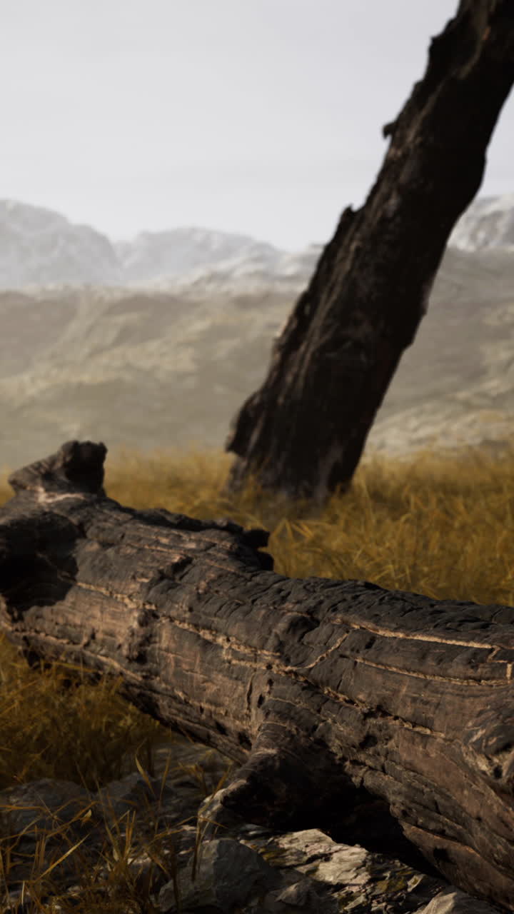 Tronco d'albero bruciato in un paesaggio montano suggestivo