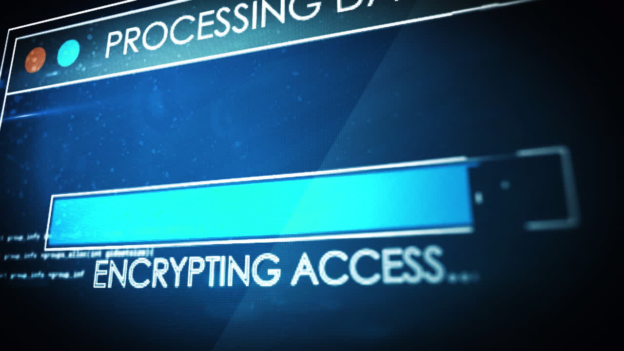 Animation of processing data text digital interface flickering on screen