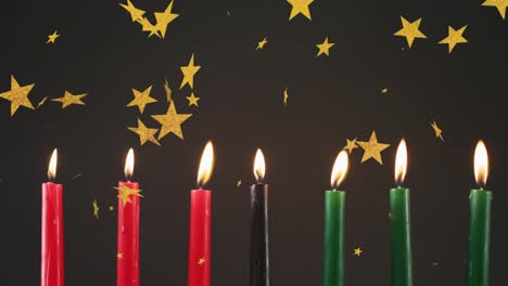 Animation-of-golden-stars-falling-over-kwanzaa-candles-on-black-background