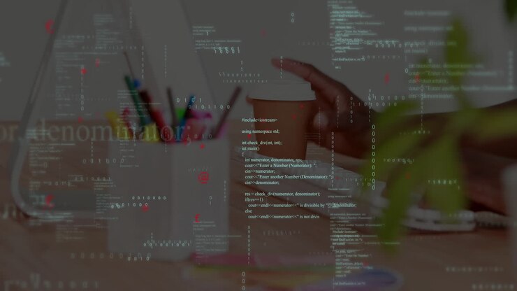 Código C++ flutuante dançando acima da mesa, exibindo laptop, canetas, caderno e planta em design plano.