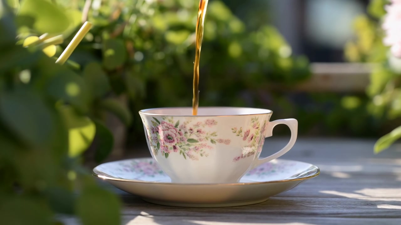 Close-up van hete thee die wordt ingeschonken in een porseleinen kopje met bloemmotief op een schoteltje, geplaatst op een houten tafel in zacht natuurlijk zonlicht met een wazige tuinafbeelding op de achtergrond.
