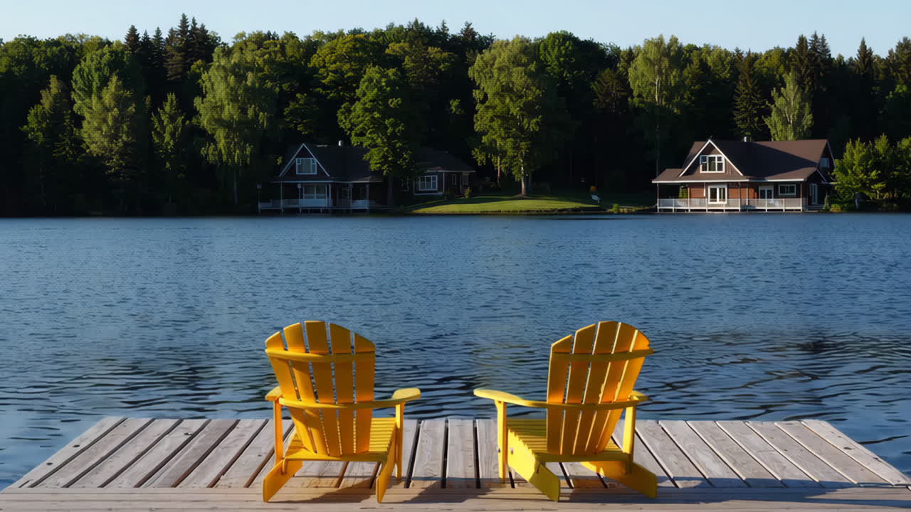 Two yellow Adirondack chairs on a wooden dock overlooking a tranquil lake with houses