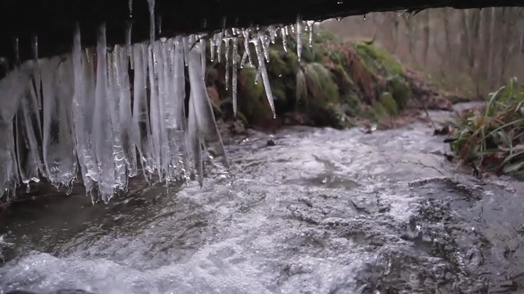pan shot of little creek run underneath log with hanging icicle dripping