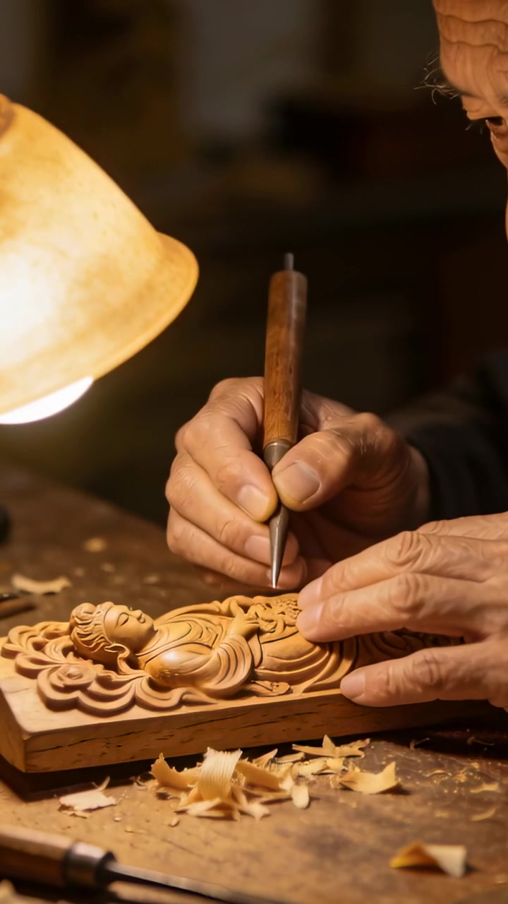 Vertical video: Lamp lighting, carver pressing chisel, refining relief at bench, wearing dark top