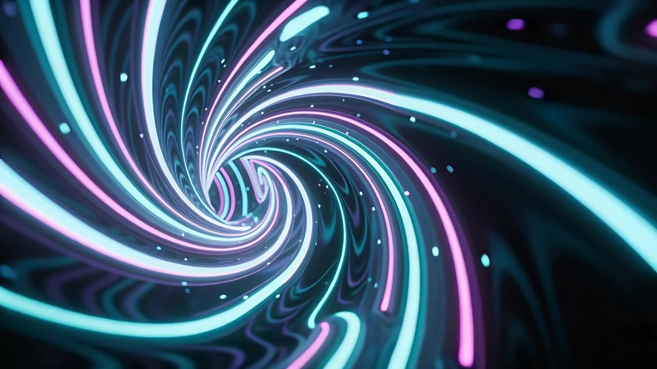 Tunnel neon rotante che trascina la telecamera in nastri 3D ciano-magenta, quadrati alla deriva e pareti lucide a spirale.