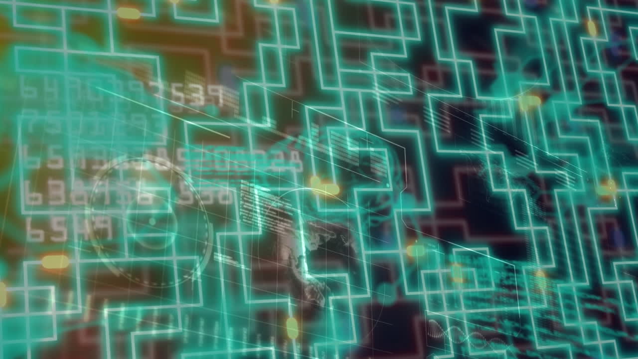 밝은 연결의 애니메이션과 어두운 배경에 디지털 데이터 처리