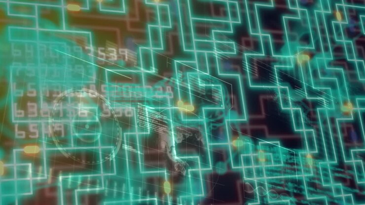 Animation of glowing connections and digital data processing on dark background