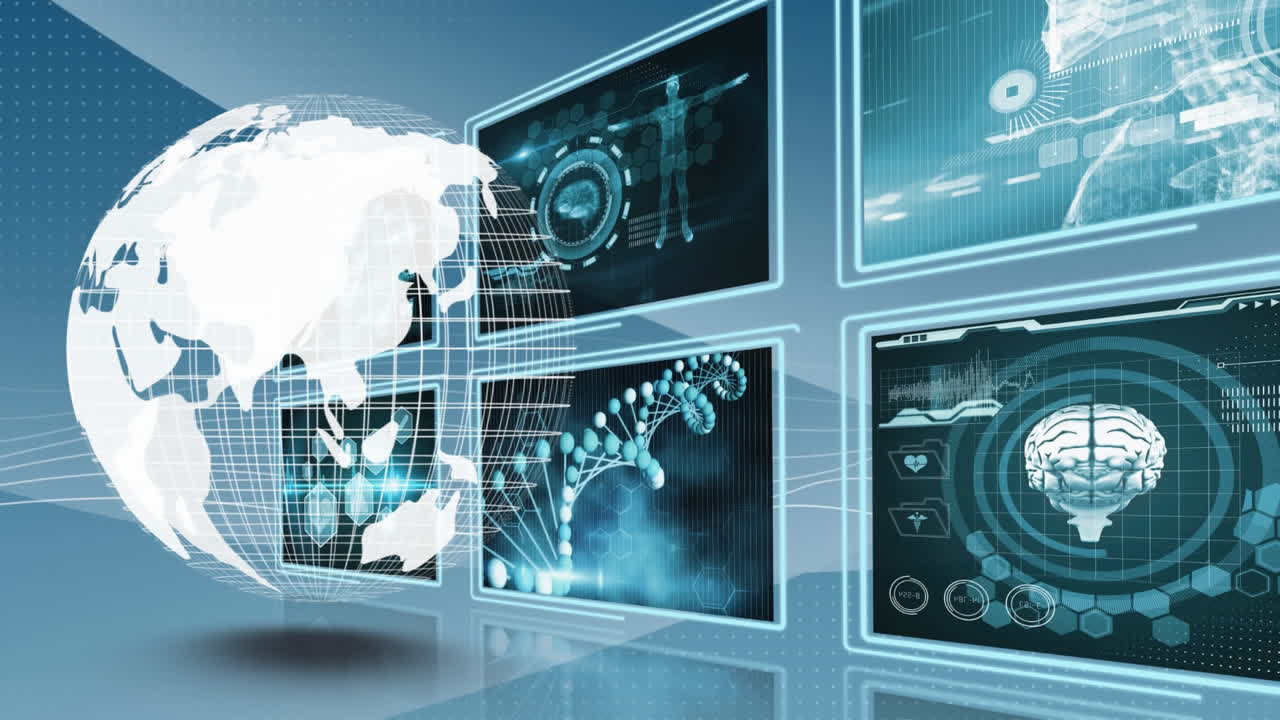 pantallas con procesamiento de datos y globo giratorio