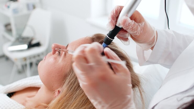 Woman scalp microneedling and injection treatment for hair growth stimulation in trichology clinic