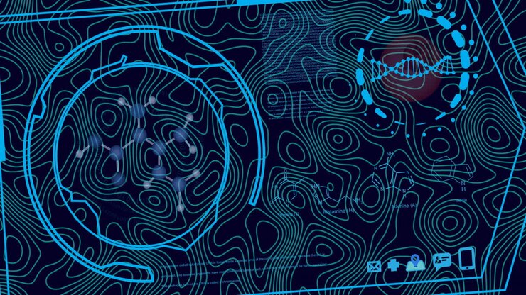 Animation of data processing over black background with isohypses