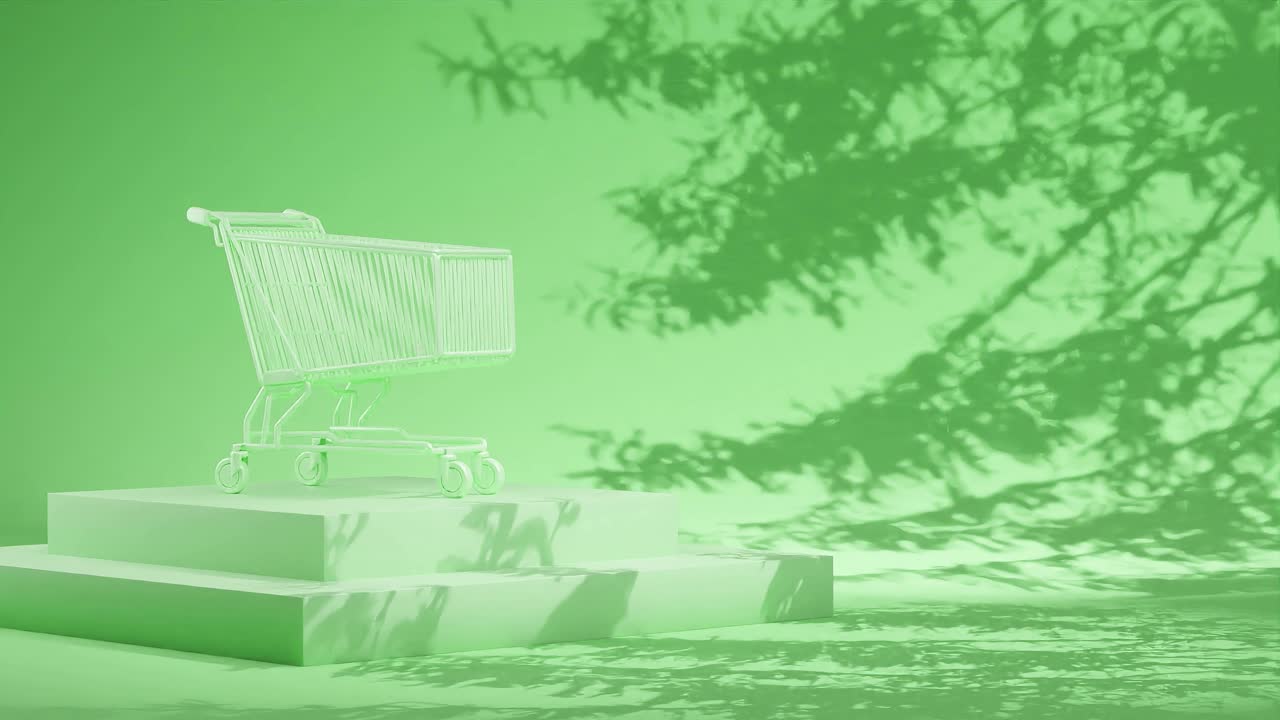 초록색 바탕에 가지의 그림자를 가진 녹색 플랫폼에 빈 쇼핑 카트