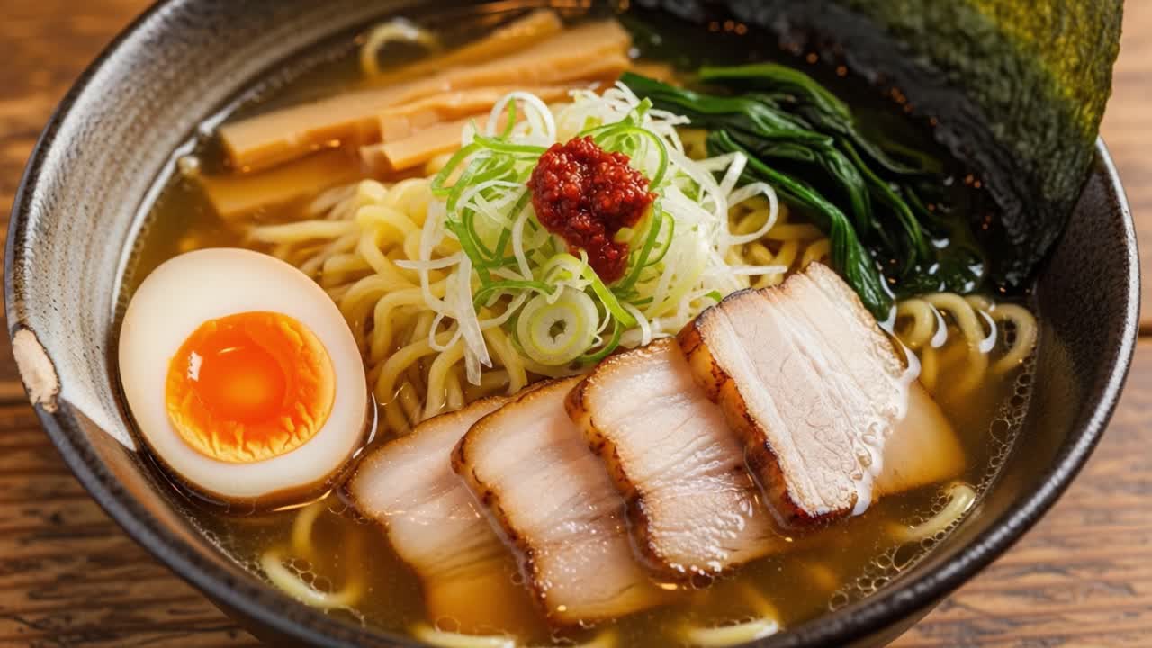 Delicious Bowl of Ramen with Tender Chashu, Aromatic Broth, and Toppings Including Soft Boiled Egg, Seaweed, and Fresh Green Onions