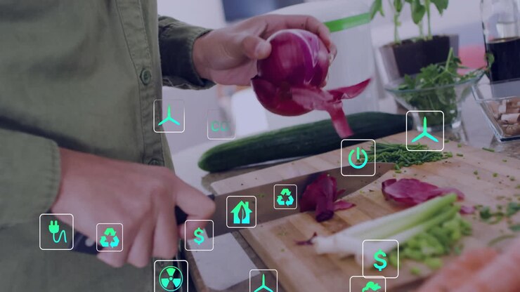 нарезка овощей, устойчивость и энергетические иконы анимация над кухонной сценой