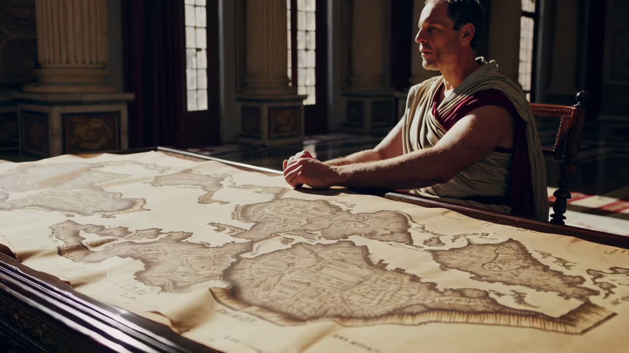 Ancient Roman Ruler Consulting a Map