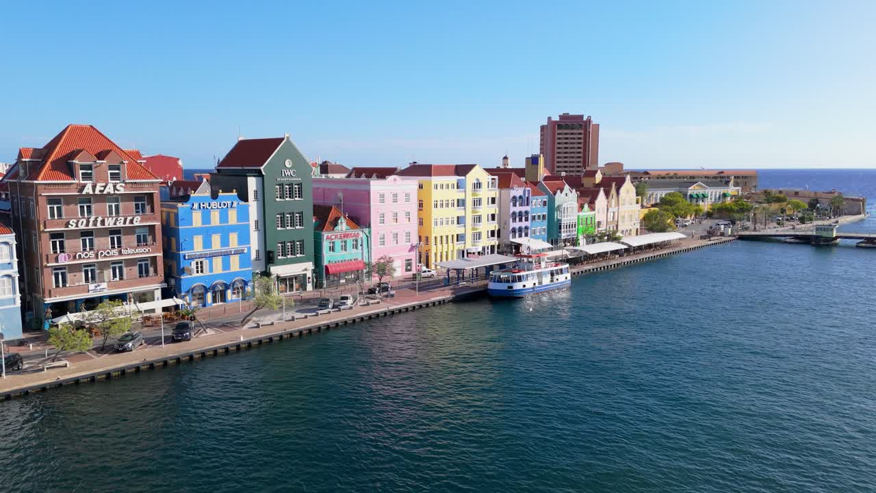 Aerial pullback and rise over the vibrant waterfront buildings of Punda District in Willemstad, Curacao