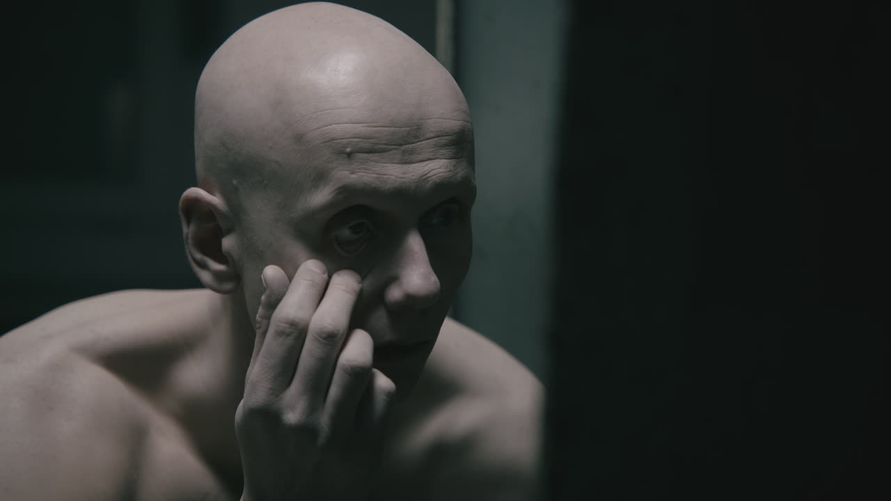 Pale bald skinny man looks into the mirror in the creepy old bathroom at night