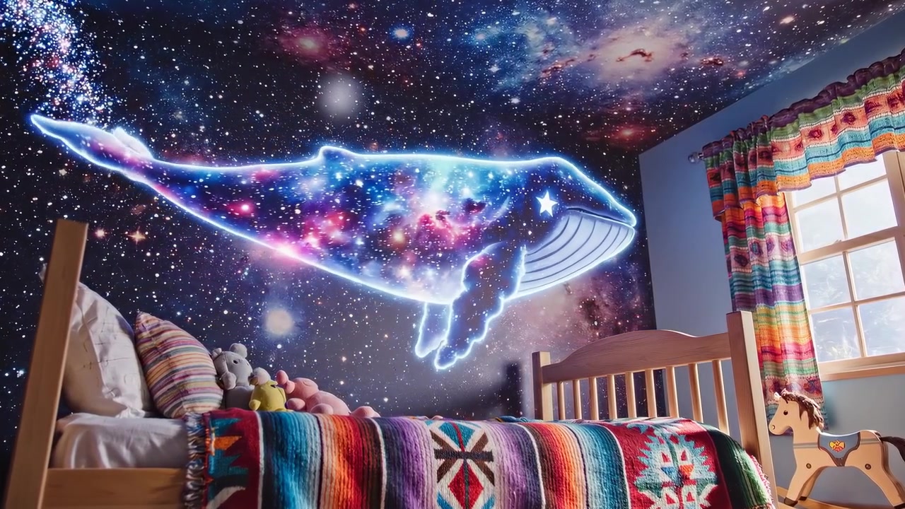 Baleia Galáxia Brilhante Nadando no Quarto Estrelado de uma Criança