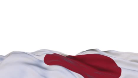 bandera japonesa de tela ondeando en el bucle del viento. bordado japonés estampado bandera de tela balanceándose en la brisa. fondo blanco medio lleno. lugar para el texto. bucle de 20 segundos.