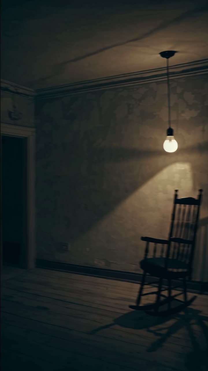 Moody video still of a dimly lit room with a rocking chair under a single bulb