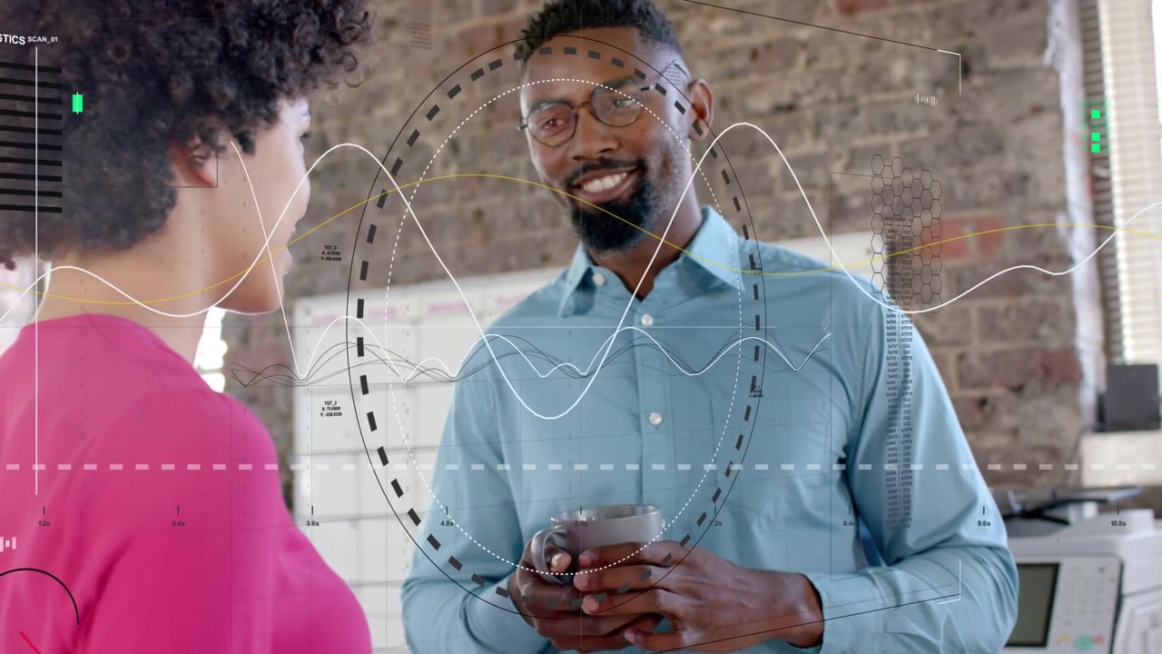 Man initiating planning chat while woman listening in business, animated charts overlaying subjects
