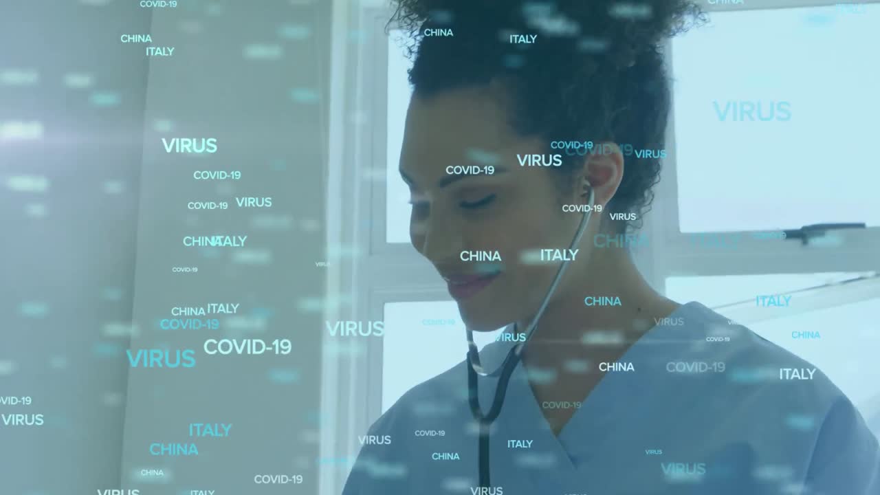 Covid-19 concept texts against female doctor wearing stethoscope