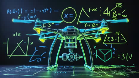 holographic drone with scientific formulas and blueprints