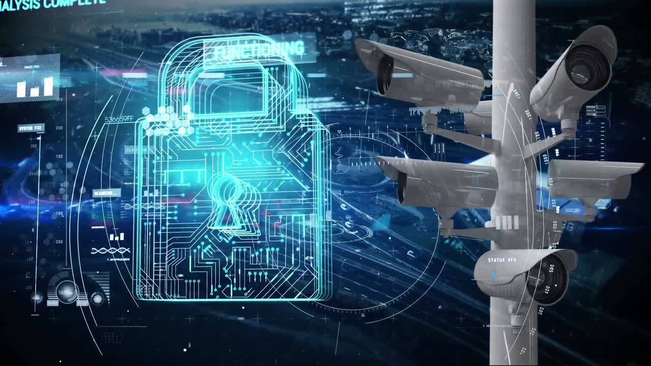Animation of online security padlock and cameras recording over cityscape in the background.