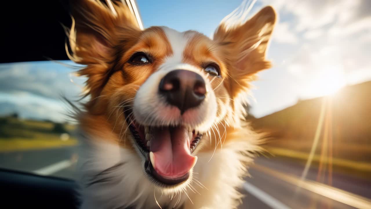 Rüzgarda kulakları çırpan neşeli bir köpeğin yakın çekim video karesi, düşük bir açıdan yakalanmış