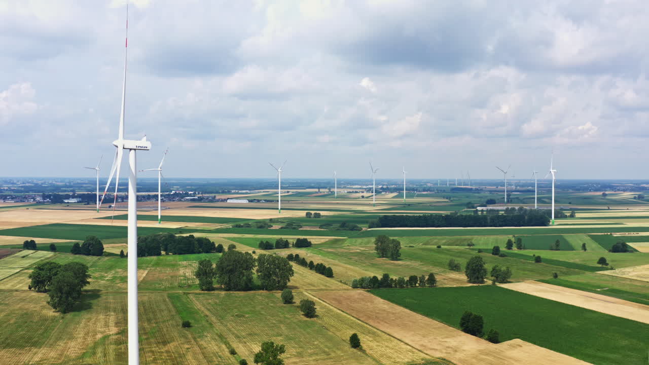 Wind Turbines And Farmland In Daytime. - aerial shot