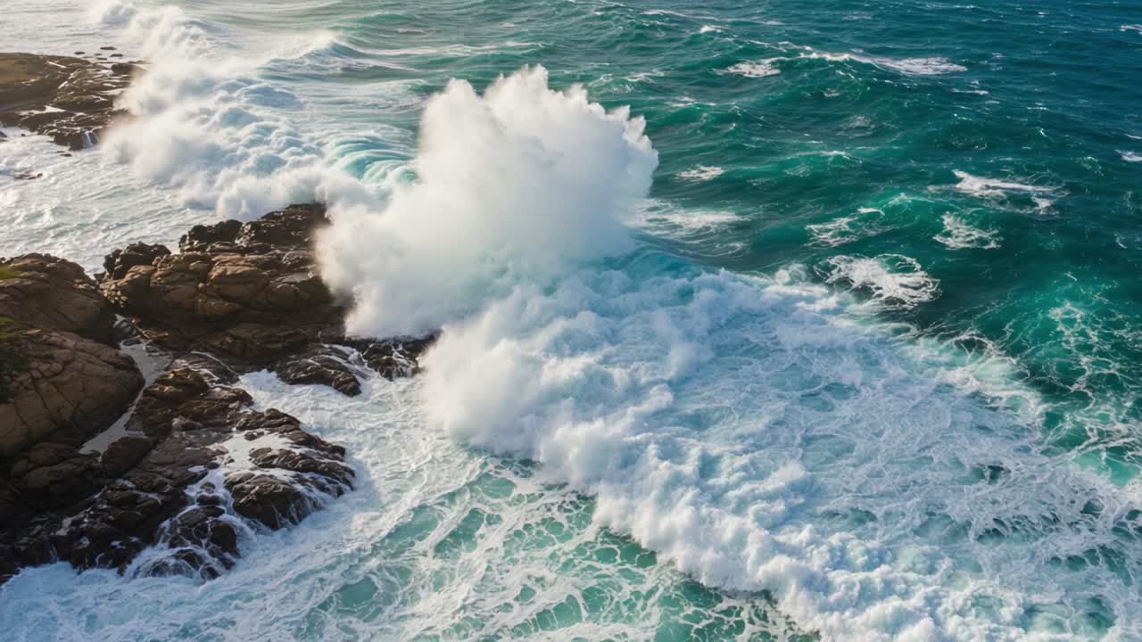 A Stunning View of Ocean Waves Crashing Against Rugged Rocks, Capturing the Dynamic Movement and Vibrant Colors of Coastal Nature in a Timeless Scene