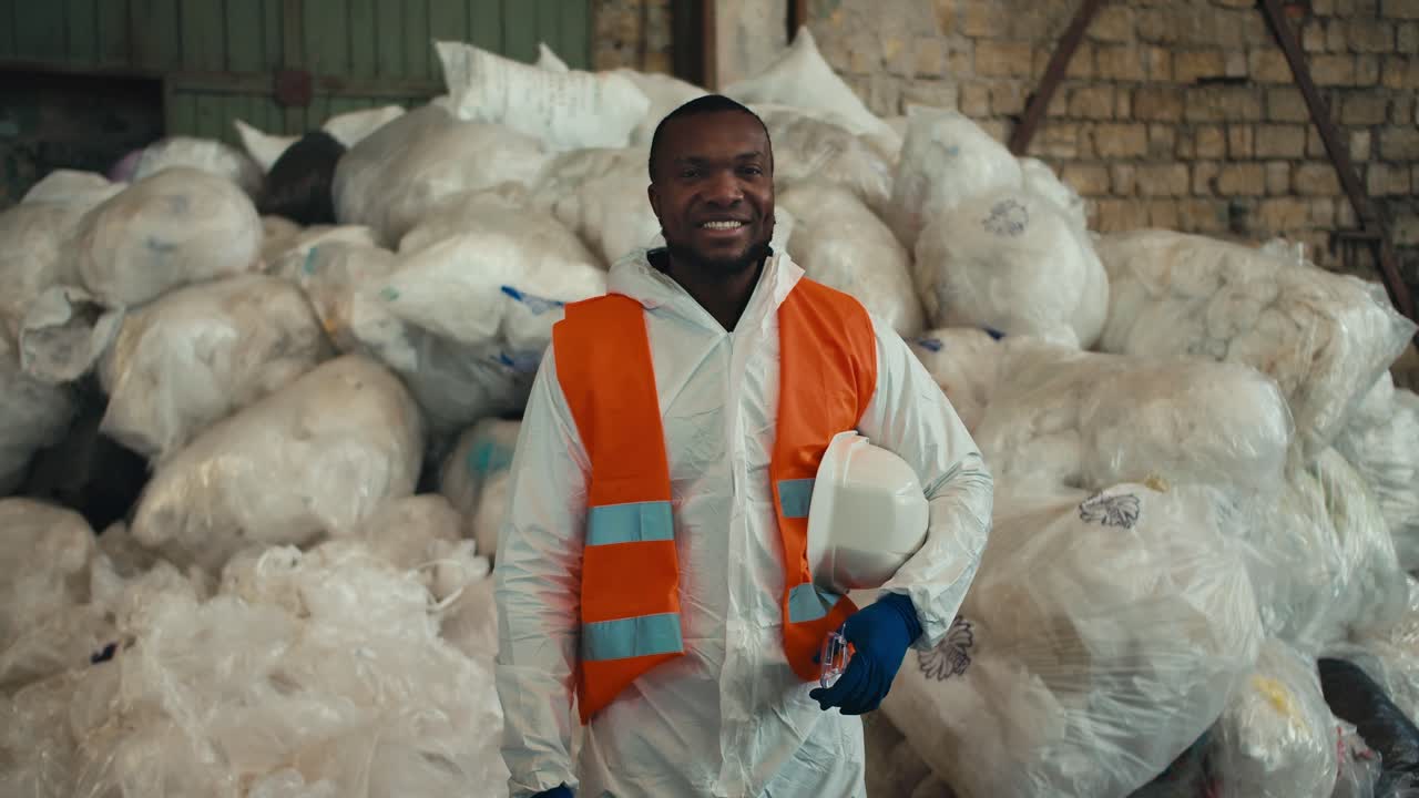 Portrait of a happy and confident brunette man with Black skin in a white protective uniform and an orange vest who stands near a pile of recycled and sorted cellophane at a waste processing and sorting plant