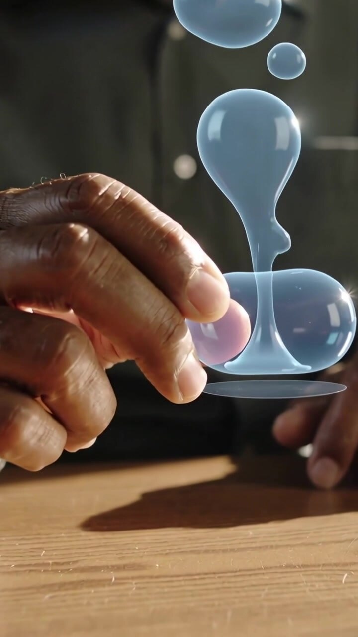 Vertical video: Hands in dark top lowering pink orb to clear disc on wood table blue blobs morphing