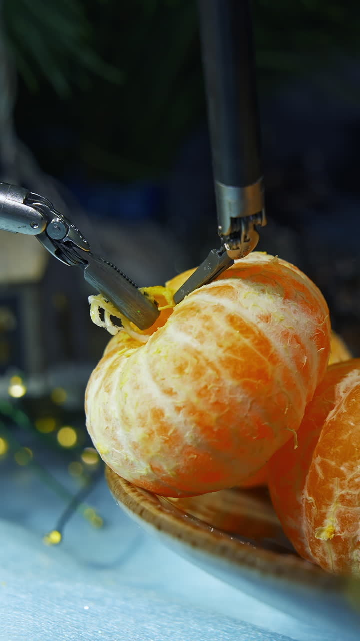 Gadget humanoid peels tangerine while preparing to the Christmas. Cropped view. Computers and cyber droid concept. Vertical video