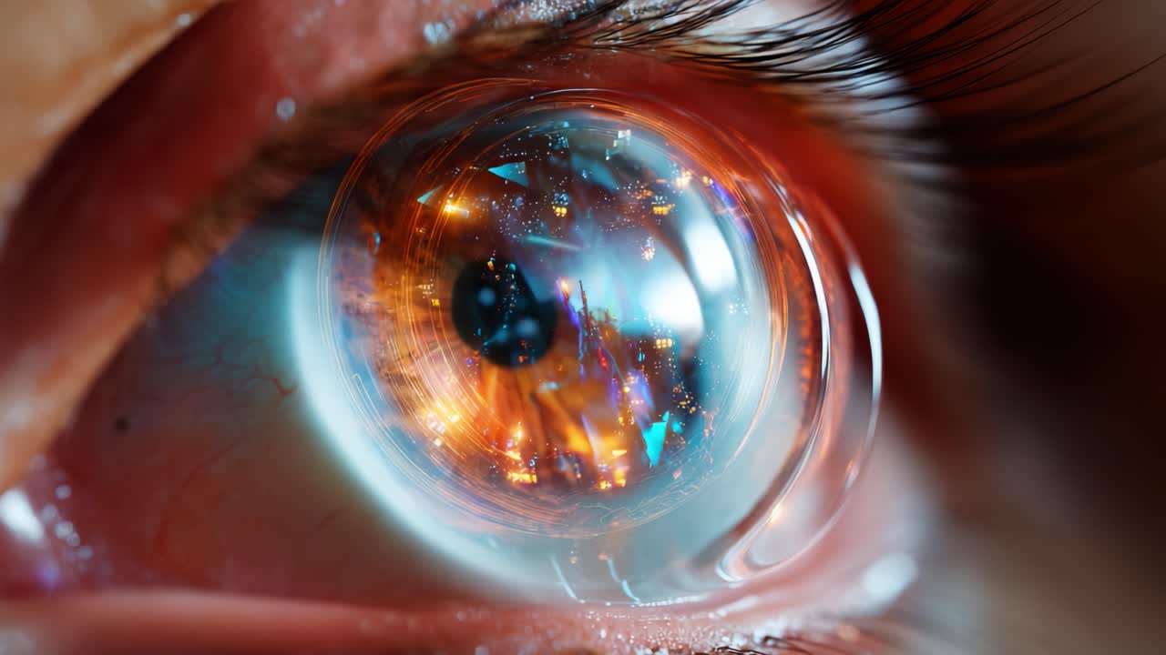 A Stunning Close-Up of an Eye Capturing an Intricate Reflection of a Colorful Urban Scene, Highlighting the Uncommon Beauty and Detail Within the Pupil Enriched with Vibrant Hues and Imagery